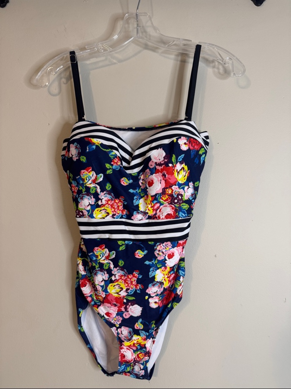 Navy Floral One-Piece Swimsuit with Striped Trim - L